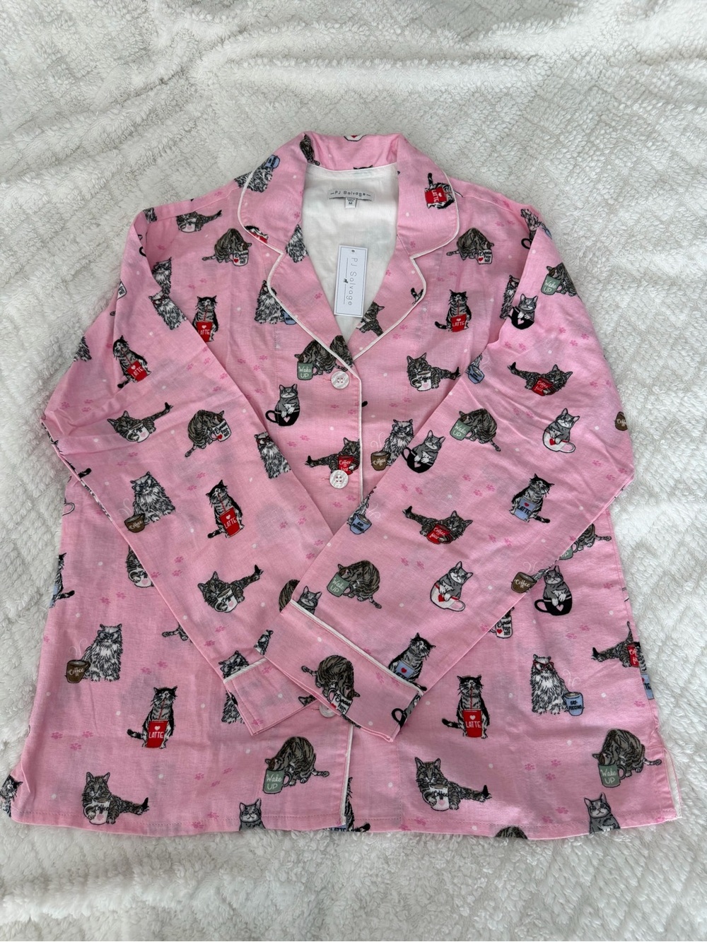 PJ Salvage Lightweight Flannel Pajama Set Cats Coffee Pink Womens M Button front - Picture 7 of 10